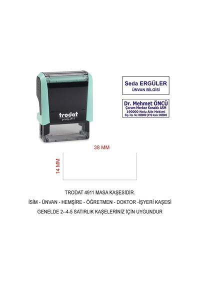 Trodat 4911 İsim Ünvan Kaşesi - Pastel Yeşil - Mavi Mürekkep