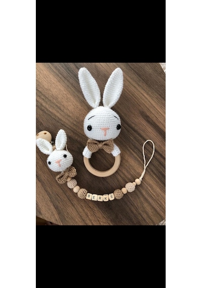 Amigurumi Tavşan Çıngırak Seti Bebek Hediyelik İsimli Emzik Zincr Çok Renkli