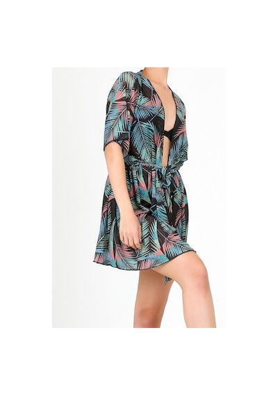 Pareo Plaj Elbisesi Kimono Std Yazlık Oversize Tül Gömlek Kemerli Elbise Leaf Siyah