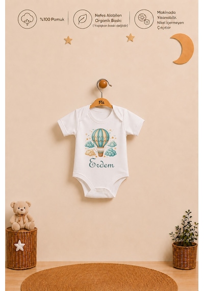 Pia Baby İsme Özel Erkek Bebek Kısa Kollu Alttan Çıtçıtlı Body Zıbın %100 Pamuk Organik Baskılı Bebek Body 1052ba6x Ekru