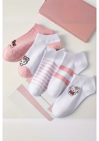 Hitit Socks Kadın 5 Çift Günlük Kullanıma Uygun Sevimli Kedi Desenli Görünmez Babet Çorap Asorti