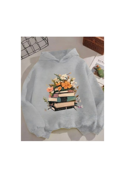 Herkesemoda Kitap Ve Çiçek Baskı Detaylı İçi Polarlı Kapüşonlu Sweatshirt Gri