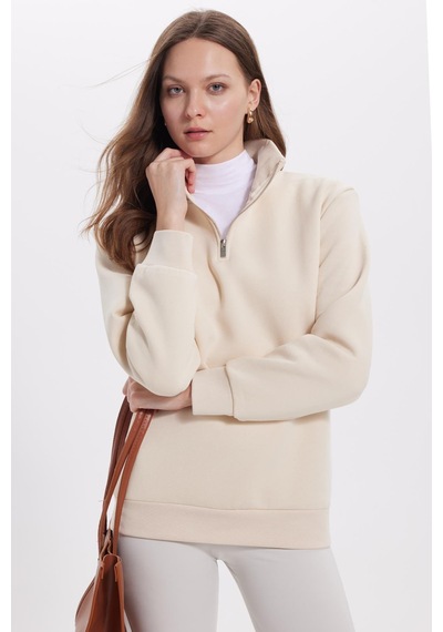Tudors Kadın Relax Fit Rahat Kesim Pamuklu İçi Polarlı Yarım Fermuarlı Ekru Dik Yaka Sweatshirt-42196 Ekru