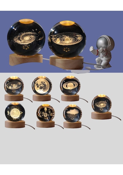 3d Astronot Kristal Küre Gece Lambası Usb Ahşap Standlı Dekoratif Işık