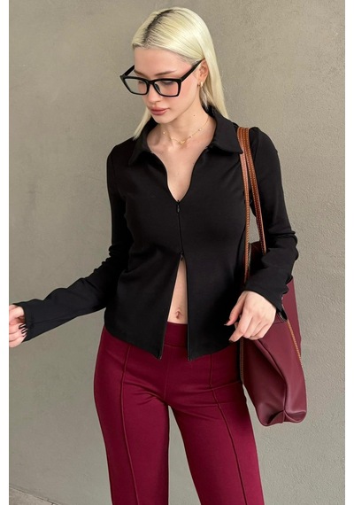 Siyah Polo Yaka Çift Fermuarlı Slim Fit Kadın Body Mg2652 Siyah Siyah Polo Yaka Çift Fermuarlı Slim Fit Kadın Body Mg2652 Siyah
