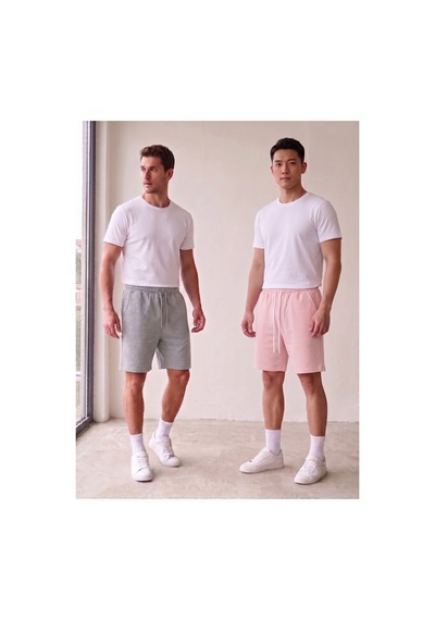 Machi Makiteks Gri Pembe İkili Rahat Kesim Beli Lastikli Cepli Penye Şort Günlük Basic Rejenere Sweat Bermuda Gri - Pembe