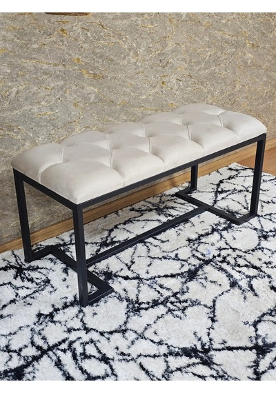 Zafir Siyah Boyalı - L - Ayaklı 100 Cm X 38 Cm Oturak - Bench - Makyaj Taburesi - Makyaj Oturak Krem