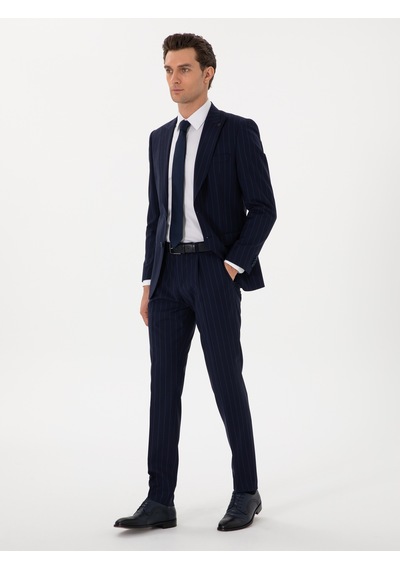 Cacharel Koyu Lacivert Slim Fit Çizgili Kırlangıç Yaka Yün Takım Elbise