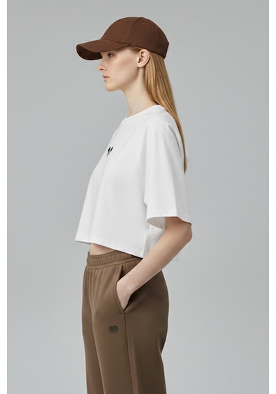 Soft&Basic Kadın Nakışlı Regular %100 Organik Pamuk Yuvarlak Yaka Kısa Crop T-shirt Siyah - Beyaz