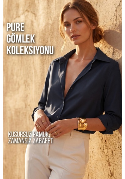 Goffra Kadın Pure 50/1 Kompakt Pamuk Likralı Gömlek - Pürüzsüz Doku Minimalist Klasik Kesim Lacivert W205-k0304-02