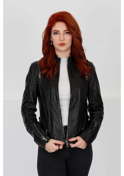 M M Marki Marki Sportif Deri Ceket, Hakiki Siyah Deri Ceket, Fit Kesim, Hakim Yaka Kadın Mont, Fermuar Detay- 102822
