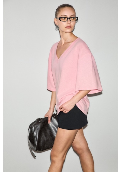 Grımelange Sylora Kadın Organik Pamuklu Keten Karışımlı V Yakalı Rahat Kalıp Pembe T-shirt Grımelange Sylora Kadın Organik Pamuklu Keten Karışımlı V Yakalı Rahat Kalıp Pembe T-shirt