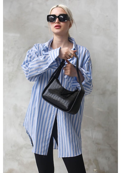Madmext Mavi Çizgili Oversize Kadın Gömlek Mg1688