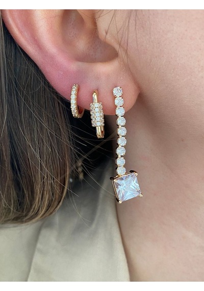 Pinery Jewels Kadın İri Kare Taşlı Sallantılı 3'lü Küpe Seti Altın