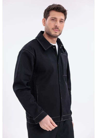 Erkek Dikiş Detaylı Oversize Gabardin Ceket - Mont-392 Siyah