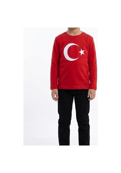 Es Eyüp Selda Erkek Çocuk Ay Yıldız Türk Bayraklı Uzun Kollu Tişört Kırmızı