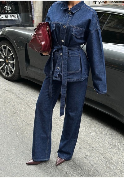 Meecy Koyu Lacivert Bağlamalı Denim Takım Oversize Ceket Ve Pantolon Lacivert Lacivert