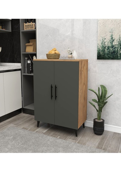 3 Raflı 2 Kapaklı Çok Amaçlı Dolap Çok Amaçlı Mutfak Dolabı Banyo Dolabı Koyu Gri & Beyaz - Atlantik Çam & Koyu Gri Çok Renkli