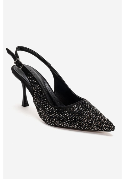 Luvishoes Johanna Siyah Platin Taşlı Kadın Topuklu Ayakkabı Siyah