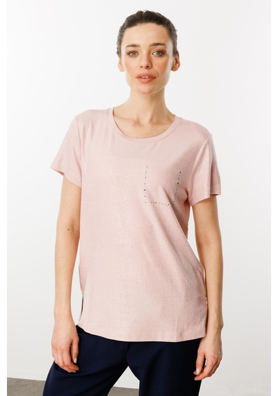 Kadın Sıfır Yaka Düşük Kollu T-shirt Pudra Pudra