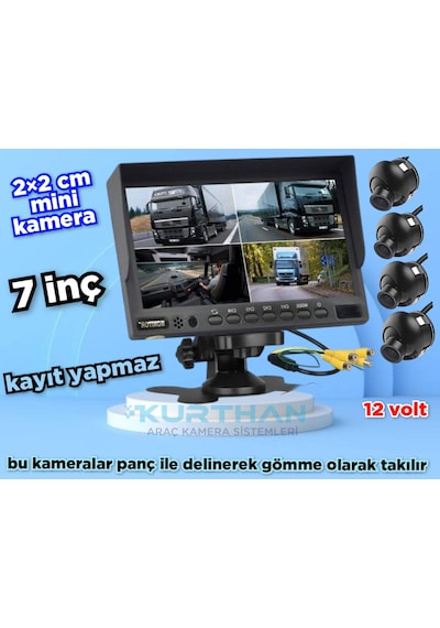4 Adet Mini Kasa Kamera Ve 7 İnç Kayıtsız Monitör 12 Volt