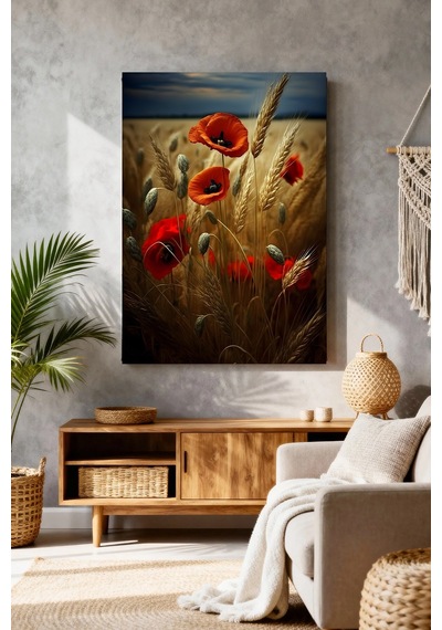 Kanvas Tablo Gelincik Çiçek Buğday Tarlası Doğa Manzarası Hd Baskı Mushen Studio