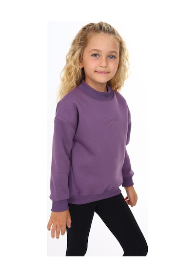 Kız Çocuk Relax Fit Dik Yaka Düşük Omuz Nakış Baskılı Sweatshirt - 3 İplik Şardonlu Mor