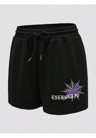 Coolane Letter Graphic Drawstring Waist Şort Siyah