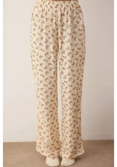 Kruvasan Baskılı Viskon Dokuma Pijama Takımı Bej