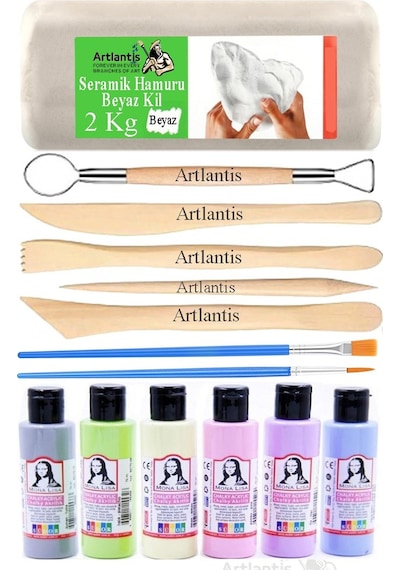 Beyaz Seramik Hamuru 2 Kg Ebeşuar Modelleme Monalisa Pastel 6 Renk Akrilik Boya Fırça 75 Ml Seramik Çamuru Heykel Sanat