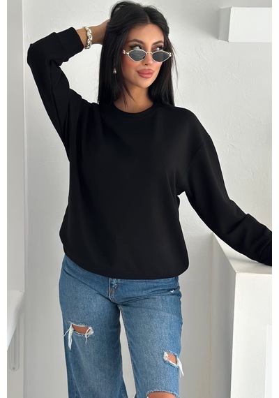 Femelle Siyah Modal Kumaş Basic Sweatshirt