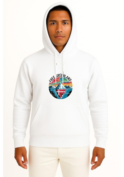 Bahriyeli Collection Kapüşonlu Özgür Grönland Göğüs Baskılı Unisex Sweatshirt Beyaz
