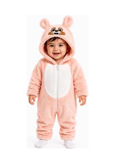 Chicsy Baby Tatlı Kız Bebek Welsoft Tulum Hayvan Yüzü Nakışlı Kulaklı Kapüşonlu Fermuarlı Peluş Kışlık Bebek Tulumu Somon