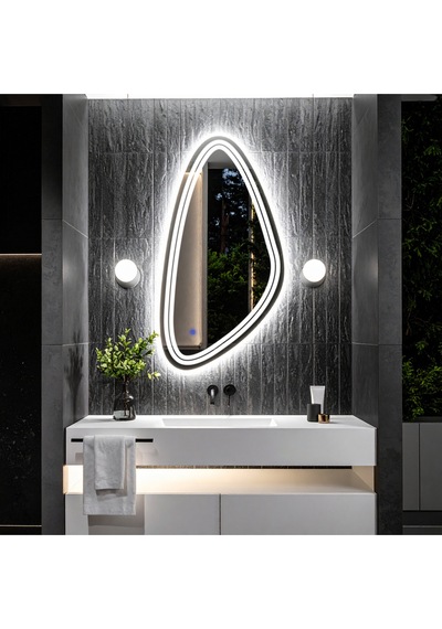 Evonna Beyaz Led'li Lazer Kumlamalı Lavabo & Banyo Aynası Dokunmatik Sensörlü 45 X 90 Cm