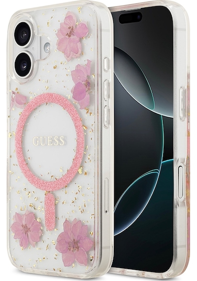 Apple Uyumlu iPhone 17 Kılıf Guess Lisanslı M-safe Özellikli Transparan Resin Flowers Kapak Pembe Pembe