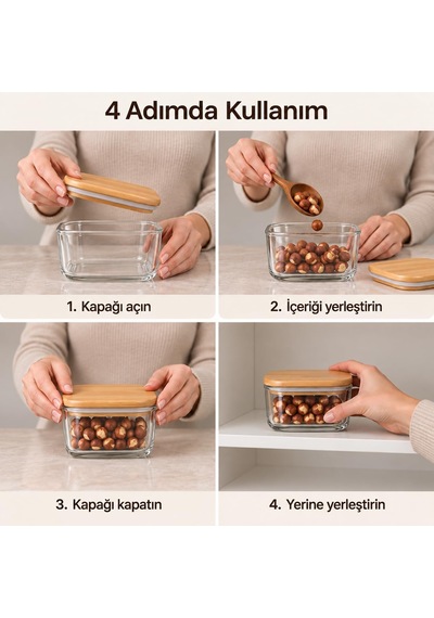 Bambu Kapaklı Borosilikat Cam Kavanoz 10 6 Cm, Kare Formlu Şeffaf Tereyağlık, Kahvaltılık Ve Kuru Gıda Saklama Kabı, Mutfak Düzenleyici, 1 Adet Çok Renkli