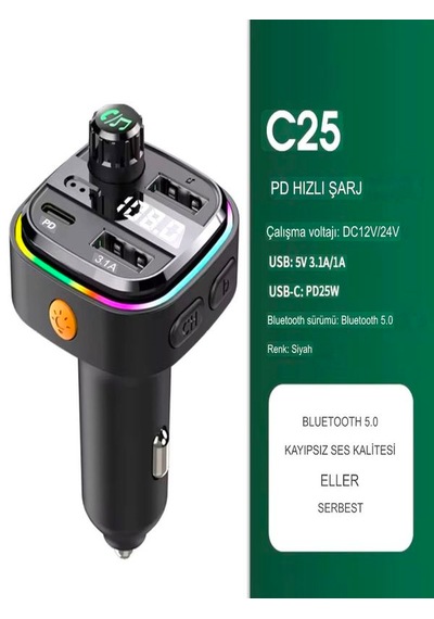 Car-in Bluetooth Wireless 3.1a 2usb Tf Kartlı Type-c Rgb Işıklı A