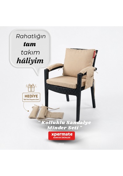 4 Parçalı Sırtlıklı Sandalye Minderi 46 X 46 Cm Kol Pedli Su Ve Leke İtici Bağcıklı Bahçe Balkon Minderi Seti Bej