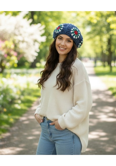 Kemzey Handmade El Yapımı Ressam Beresi , Kadın Ressam Bere, Renkli Kadın Bereleri Lacivert