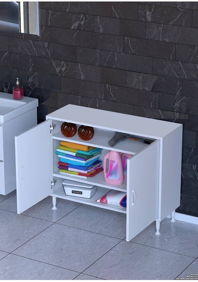 Eliusta Sabir 95 Cm 2 Raflı Beyaz Banyo Mutfak Dolabı 3 Bölmeli Çok Amaçlı Dolap 95x75x32,5 Cm Düzenleyici Beyaz