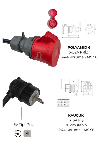 Elektrikli Araç Dönüştürücü Adaptör 5/32a Priz- 1/16a Fiş Boydan Uca 30 Cm Kablo Elektrikli Araç Dönüştürücü