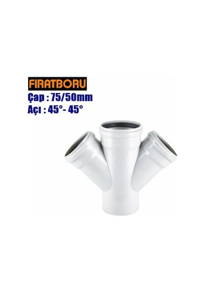 Fırat Pvc Çift Çatal 75/50mm 45 -45 , Pvc Çift Çatal 45 -45 , 1 Adet