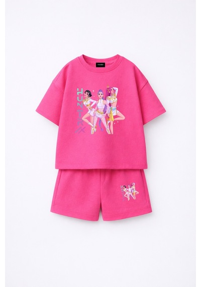 Fasardi Kpop Demon Hunters Huntrix Zoey Rumi Mira Baskılı Oversize %100 Pamuk Tişört Şort Çocuk Takım Fuşya