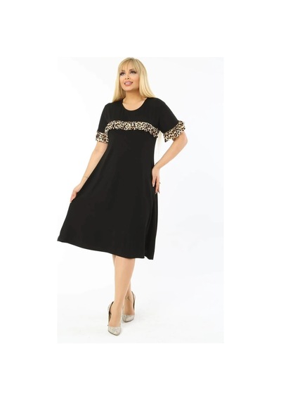 Mia Butik Büyük Beden Siyah Fırfır Detaylı Elbise Siyah