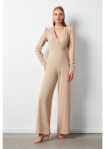 Sateen Kruvaze Süs Taşlı Krep Tulum - Bej