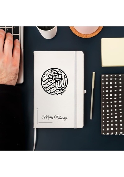 Kişiye Özel Besmele Hat Yazılı Deri Kapak Hediyelik Defter Beyaz