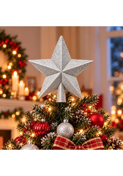 Bakgelal Lüks Yılbaşı Çam Ağacı Tepeliği - 15x15 Cm Işıltılı Simli Gümüş Silver Yıldız Ağaç Süsü - 9000034886107 Diğer