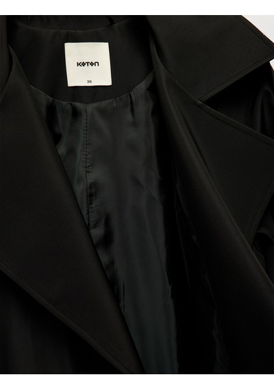 Koton Uzun Kollu Kemerli Cepli Kruvaze Gabardin Trençkot Siyah 6wak00273ew Siyah