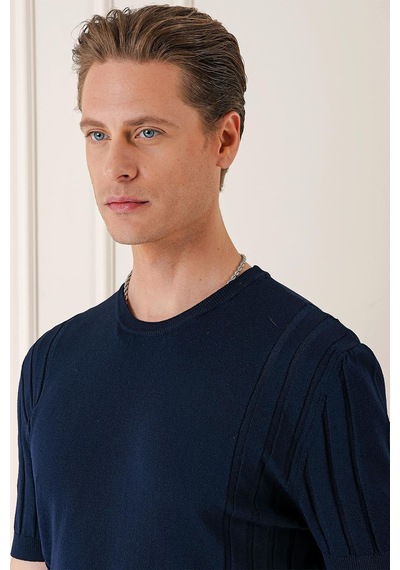 Efor Slim Fit Bisiklet Yaka Kısa Kol Lacivert Triko Tr 869 Lacivert