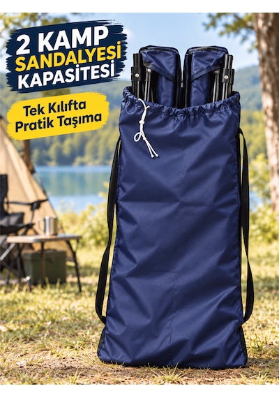 Beylini 2 Sandalye Kapasiteli Lastikli Kamp Sandalyesi Kılıfı Omuz Askılı Piknik Plaj Katlanır Sandalye Taşıma Çantası Paraşüt Kumaş 110 X 50 Cm Lacivert